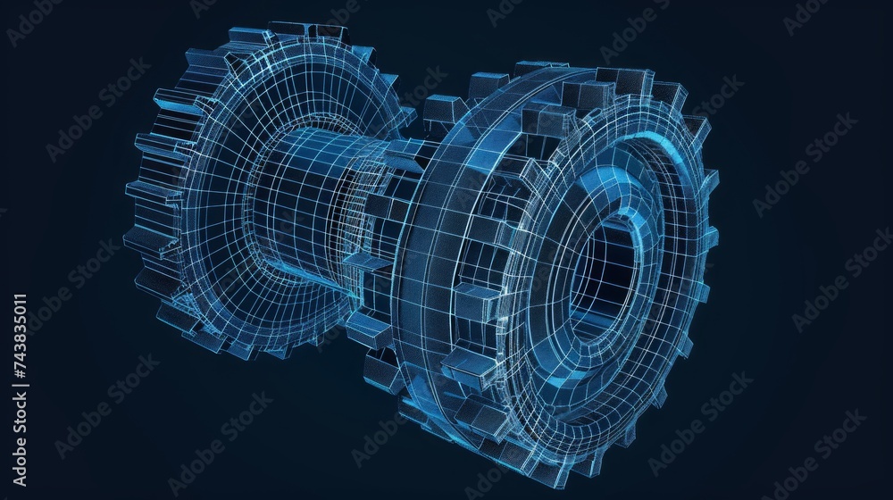 Wireframe illustration of a gear on a dark blue background. Mechanical technology machine engineering symbol. Project development, engine work, business plan illustration. - obrazy, fototapety, plakaty 