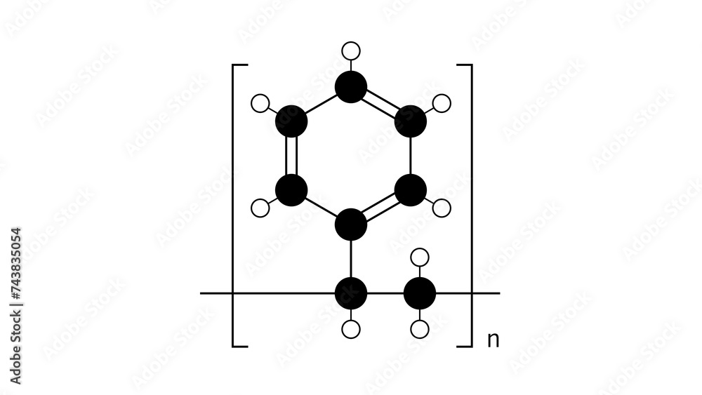 polystyrene molecule, structural chemical formula, ball-and-stick model, isolated image synthetic polymer polystyrene molecule, structural chemical formula, ball-and-stick model, isolated image synthetic polymer