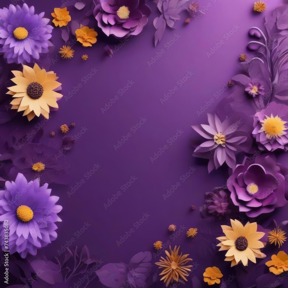 purple floral background with different types of flowers creates a decorative space for design purposes. International Women's Day concept