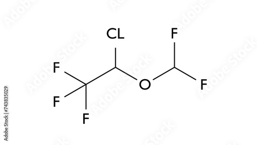 isoflurane molecule, structural chemical formula, ball-and-stick model, isolated image general anesthetic photo