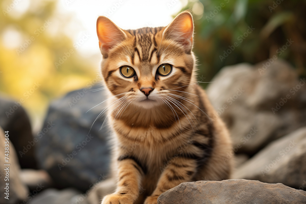The portrait of cute brown cat is sitting on the stone and is looking directly in the camera The portrait of cute brown cat is sitting on the stone and is looking directly in the camera
