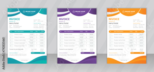 Business invoice form template design, Invoicing quotes, money bills or price invoices and payment agreement templates, Tax form, bill graphic or payment receipt page vector set photo