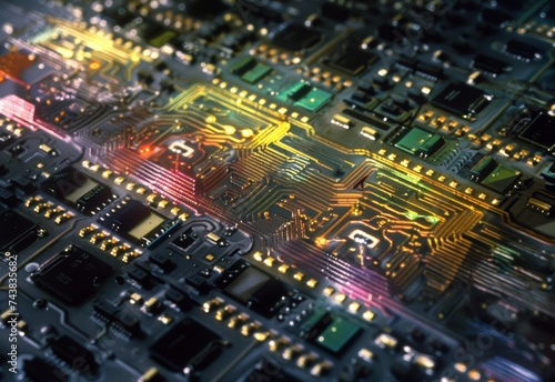 Close-up photo of colorful circuit board with copper traces visible in some areas. Energy and depth