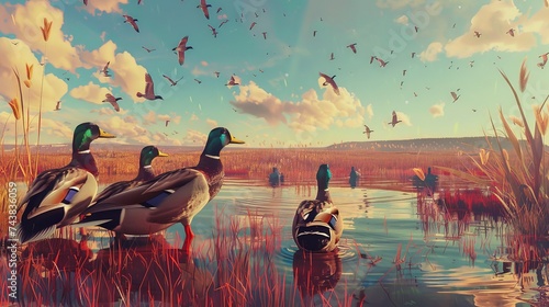 Wildlife duck animals hunting hunt panorama. ai generative © peerawat