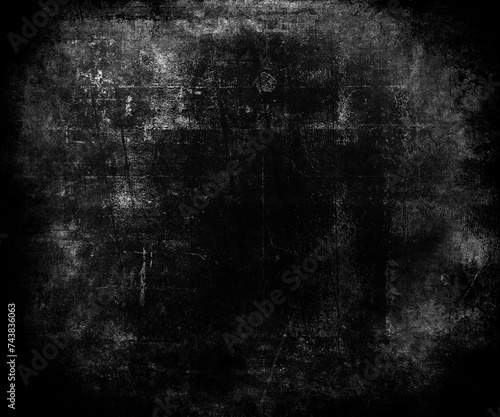 Dark grunge scratched background with frame, distressed scary texture