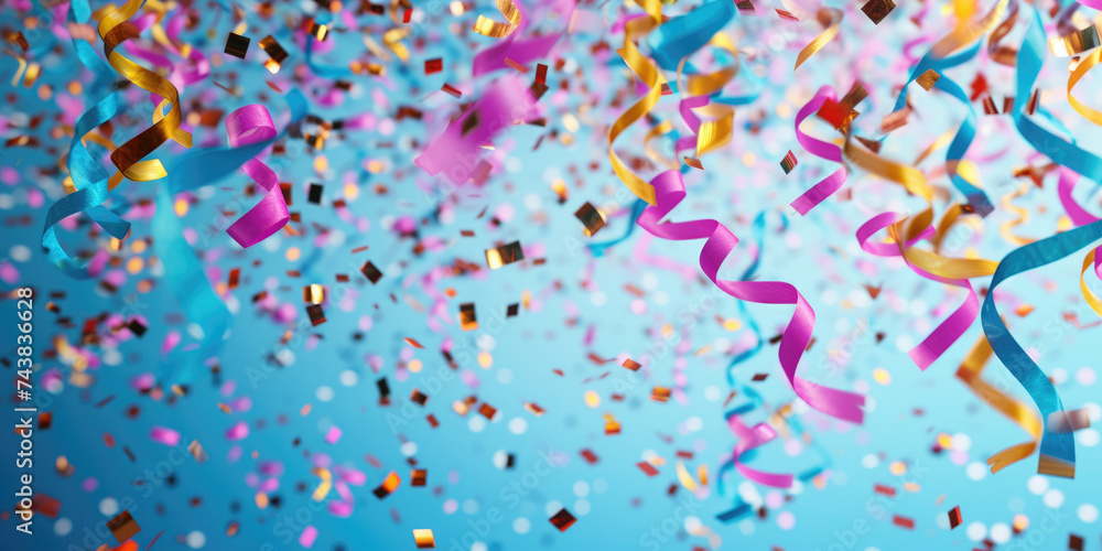 Colorful streamers and confetti on vibrant blue background Colorful streamers and confetti on vibrant blue background