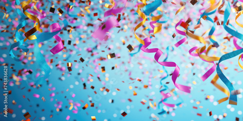 Colorful streamers and confetti on vibrant blue background
