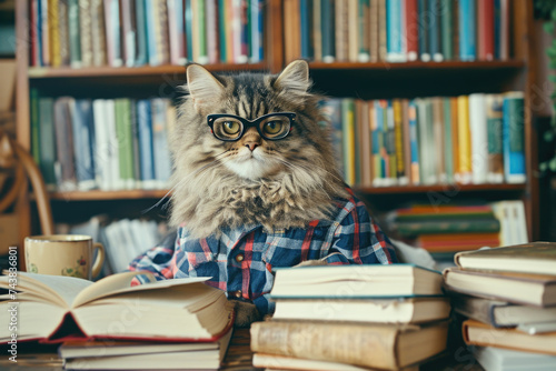 Cute cat wearing glasses sitting by stack of books