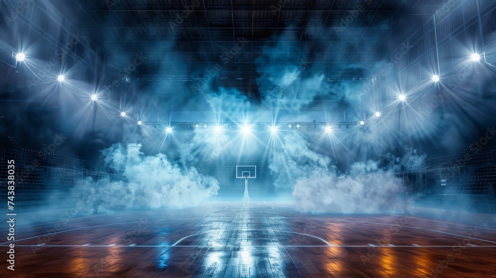 Dynamic view of a basketball court in a stadium with bright lights and theatrical smoke effects - obrazy, fototapety, plakaty 