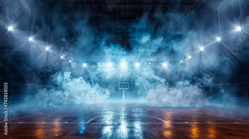 Dynamic view of a basketball court in a stadium with bright lights and theatrical smoke effects