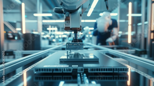 Highly automated and precise assembly line, with robotic arms and advanced machinery engaged in the intricate process of chip fabrication