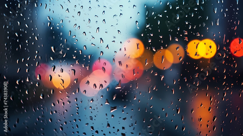 Raindrops on wet window glass with blurred panorama of city in night lights glare and bokeh