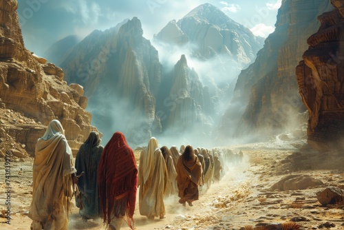 Moses leads jews through desert, biblical journey to promised land in sinai. religious historical escape narrated in bible, showcasing moses leadership and divine intervention in israelite exodus. photo