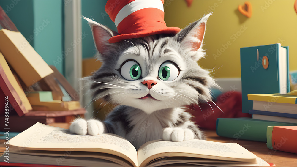 Adorable white kitten surrounded by red and white books, with cute fluffy fur and captivating eyes, symbolizing pets and literacy