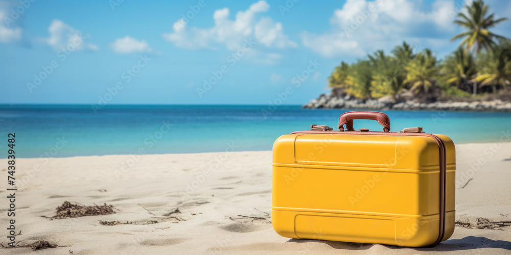 Yellow hand luggage suitcase for travel on the sandy beach of a tropical island. Vacations and visiting tourist places. - obrazy, fototapety, plakaty 