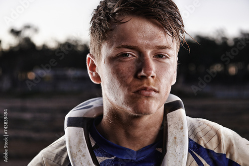 Fototapeta Naklejka Na Ścianę i Meble -  Sports, dirt bike and portrait of man on offroad in gear for race, challenge or competition. Serious, adventure and face of male athlete motorcyclist with mud at action motorcross rally outdoor.