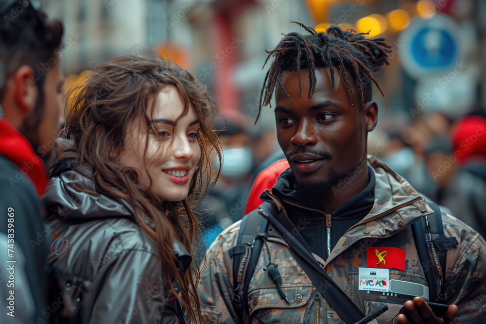A fleeting moment of connection amidst the bustling city streets as a man and woman share a smile, their faces illuminated by the warm glow of the sun and adorned in stylish jackets