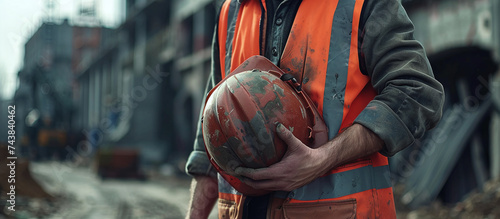 a builder in a vest holds a helmet in his hand against the background of a construction site