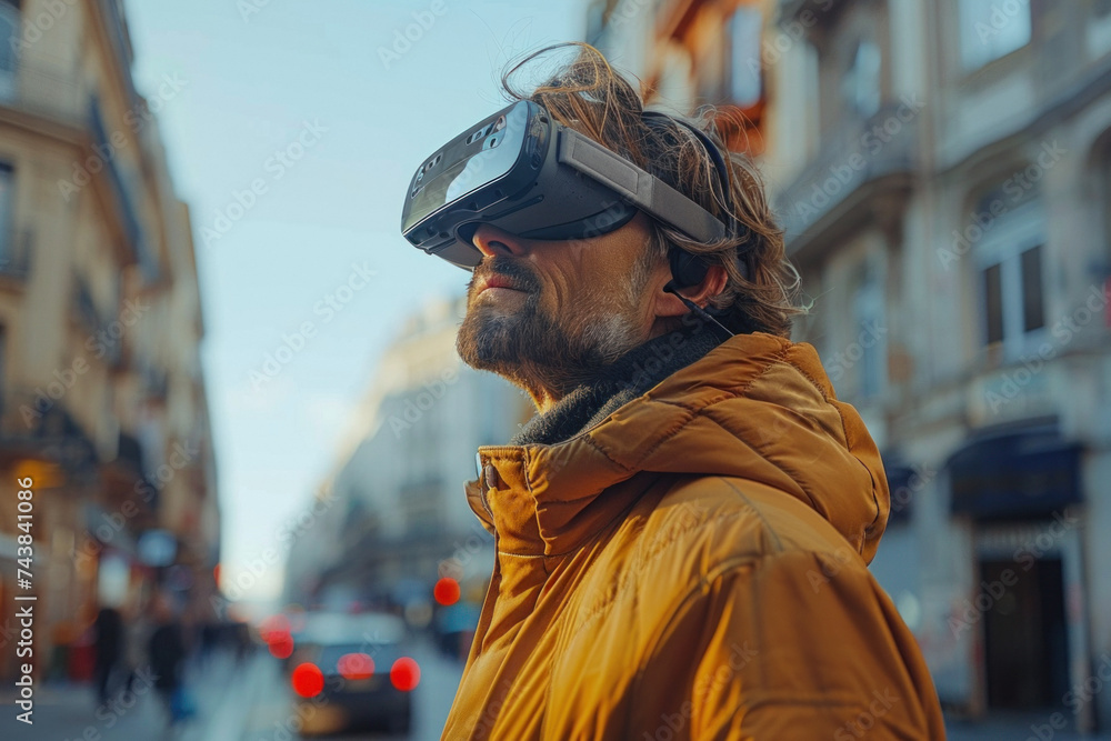 Caucasian man walks around the city in 3D virtual glasses Caucasian man walks around the city in 3D virtual glasses