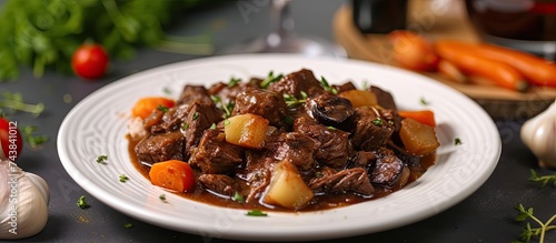 A detailed view of a white plate filled with delicious beef bourguignon, prepared with wine and vegetables, placed on a table.