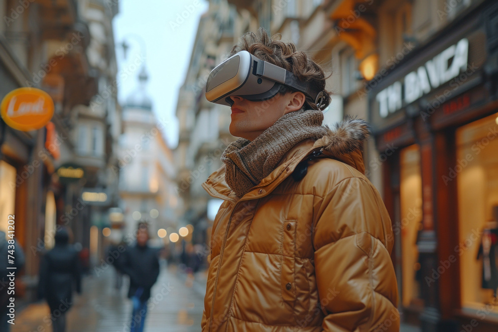 Caucasian man walks around the city in 3D virtual glasses