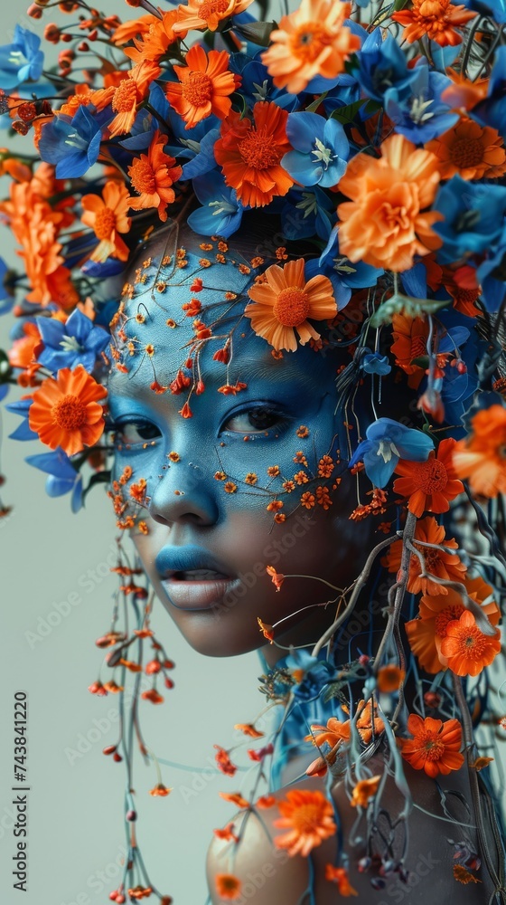 Woman Adorned With Blue and Orange Flowers Woman Adorned With Blue and Orange Flowers