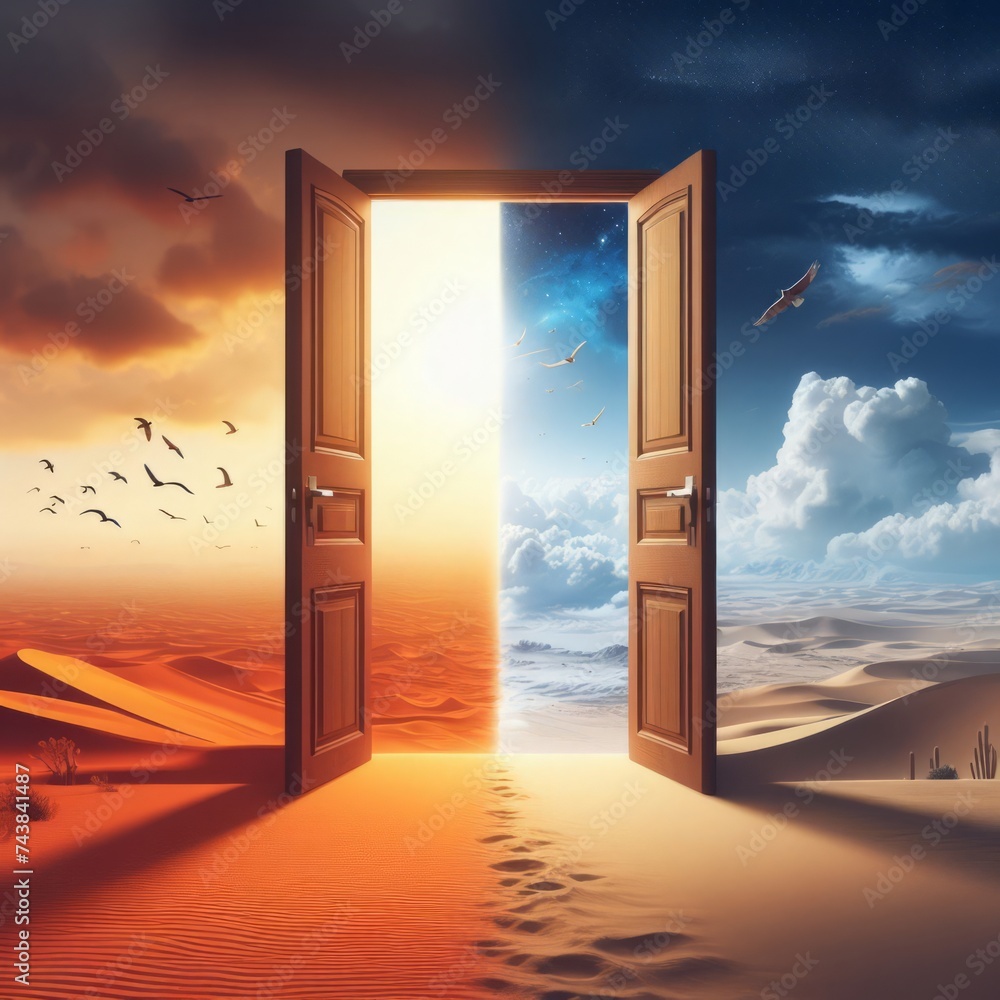 Conceptual image of open door in desert with sand dunes