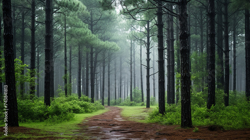 rainy afternoon in a pine forest. a light rain falls photo
