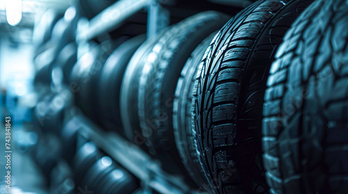 Rows of new car tires on display at an automotive store, showcasing variety and tread patterns in a retail setting. photo