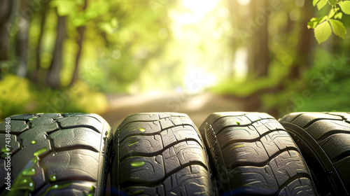 The golden hour sun casts a warm glow on a vehicle's tire on an open road, evoking a sense of travel and adventure. photo