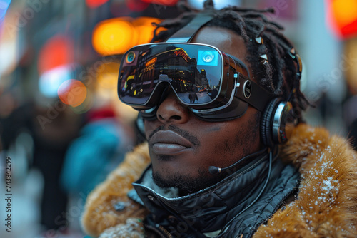 African man walks around the city in 3D virtual glasses © sofiko14