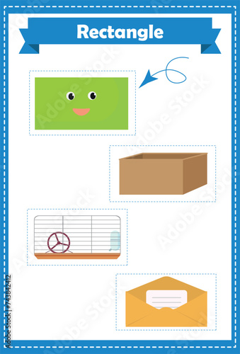 Rectangle. Shapes study page. Preschool or kindergarten worksheet with different Rectangular illustrations. 