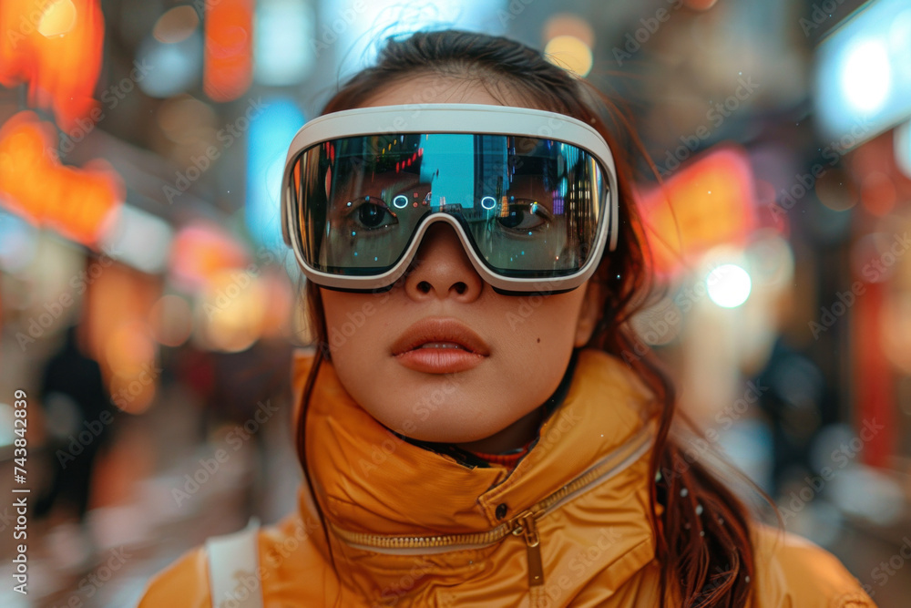 Asian woman walks around the city in 3D virtual glasses Asian woman walks around the city in 3D virtual glasses