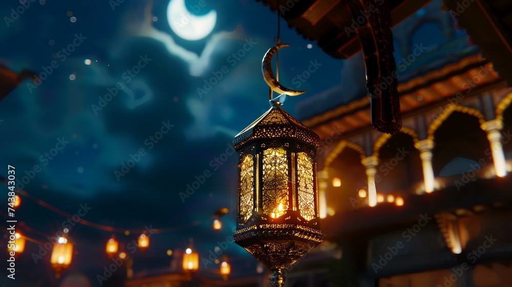 Obraz premium Ramadan Kareem's background with lanterns and a crescent moon.