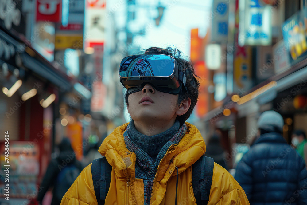 Asian man walks around the city in 3D virtual glasses Asian man walks around the city in 3D virtual glasses