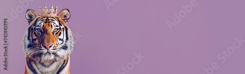 royal tiger with shiny golden crown portrait on a light purple pastel background with empty space for text or design
