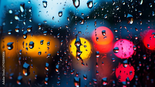 Raindrops on the windowpane with blurry city lights and traffic lights in the background, capturing the essence of a rainy night in the city