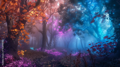 Mystical forest with colorful bioluminescent plants and swirling fog © Bordinthorn