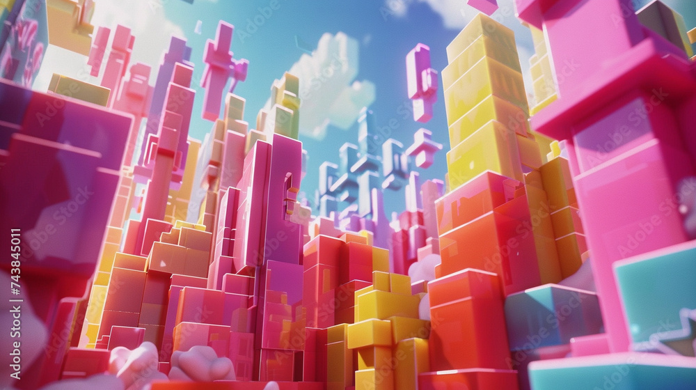Design a 3D animated scene inspired by Tetris incorporating a unique backdrop background that transports viewers to a digital realm Design a 3D animated scene inspired by Tetris incorporating a unique backdrop background that transports viewers to a digital realm