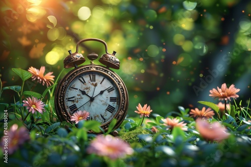 Clock Amidst Field of Flowers