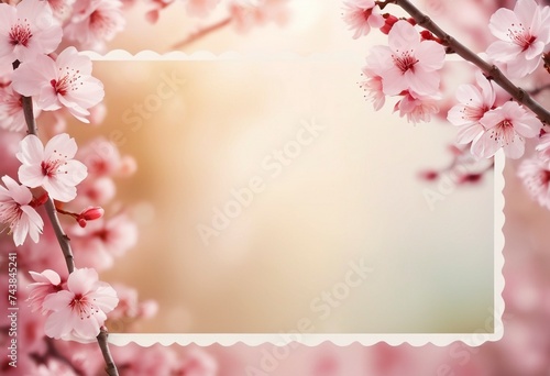 Card template with empty space of cherry blossom under clear blue sky in Springtime, petals in the wind, Card Design. Generative AI