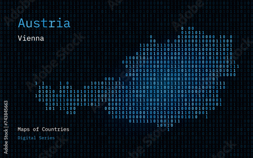 Austria Map Shown in Binary Code Pattern. Matrix numbers, zero, one. World Countries Vector Maps. Digital Series