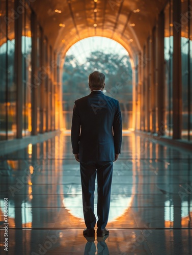 A Man in a Suit Walking Down a Hallway