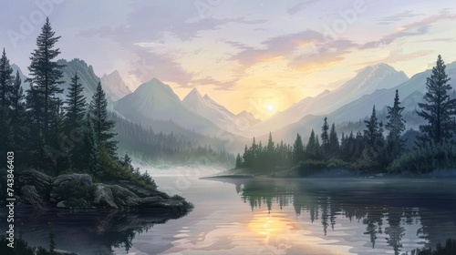 Illustration of a serene mountain landscape at sunrise with a clear lake and pine trees