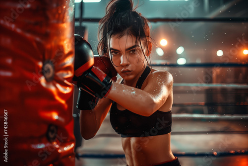 A beautiful athletic brunette in boxing gloves is boxing a punching bag, on a blurred background of the gym, alone  © Armen