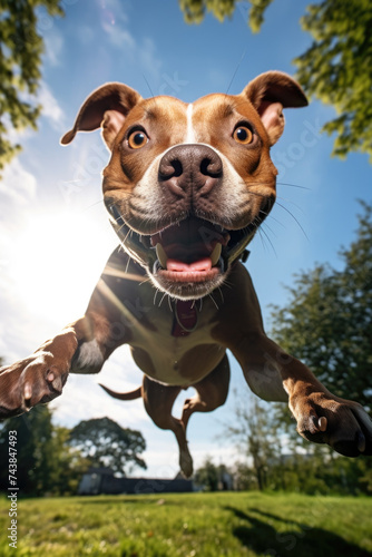 A playful brown and white dog captured mid-air jump