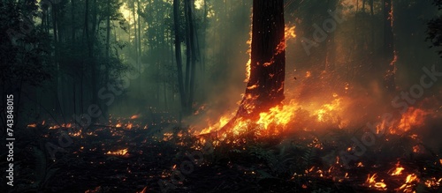 Forest fire development begins with flame, causing trunk damage.
