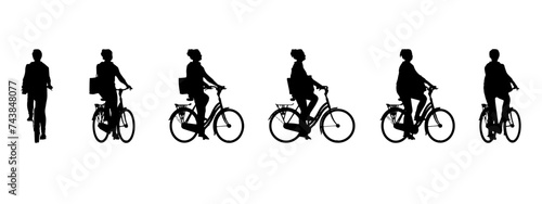 Vector concept conceptual black silhouette of a woman riding a bicycle from different perspectives isolated on white background. A metaphor for sport, fitness, travel, health, leisure and lifestyle
