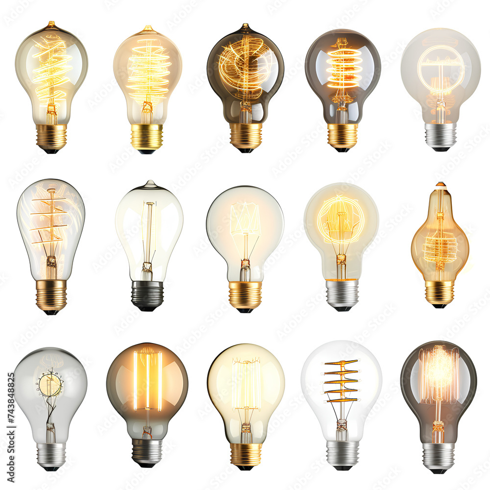 Set of decorative light bulbs isolated, transparent background white background no background Set of decorative light bulbs isolated, transparent background white background no background