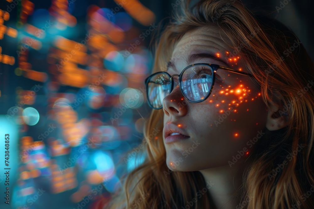 Woman Wearing Glasses With Bright Lights on Her Face Woman Wearing Glasses With Bright Lights on Her Face